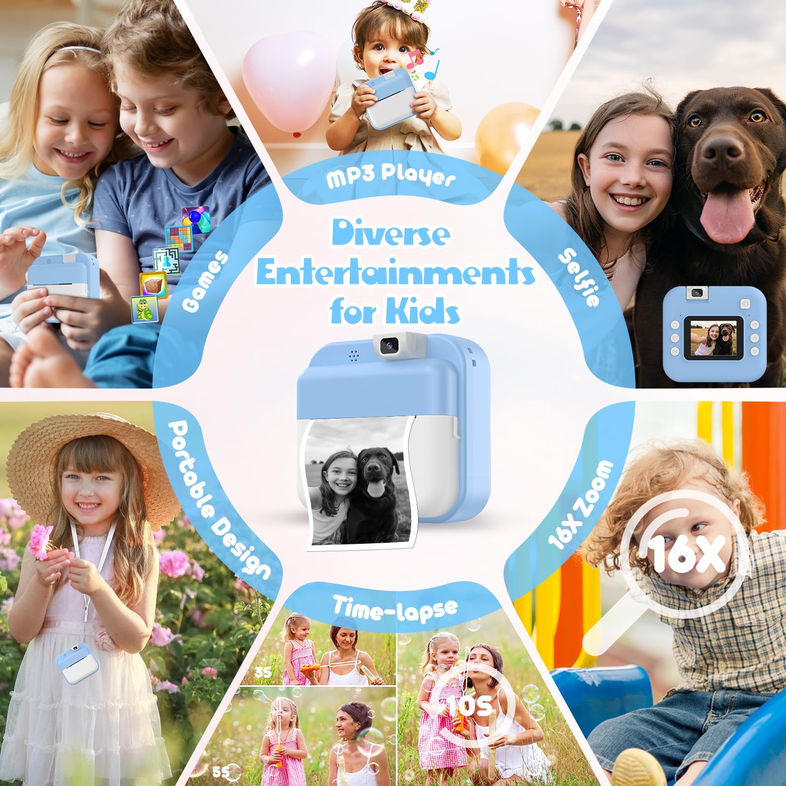 Alotwan Kids Camera Instant Print compact for travel emphasizes lightweight portability.