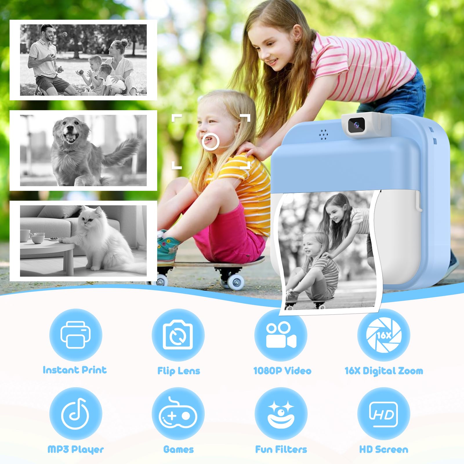 Alotwan Kids Camera Instant Print flip lens showcases easy dual selfies and instant sharing.