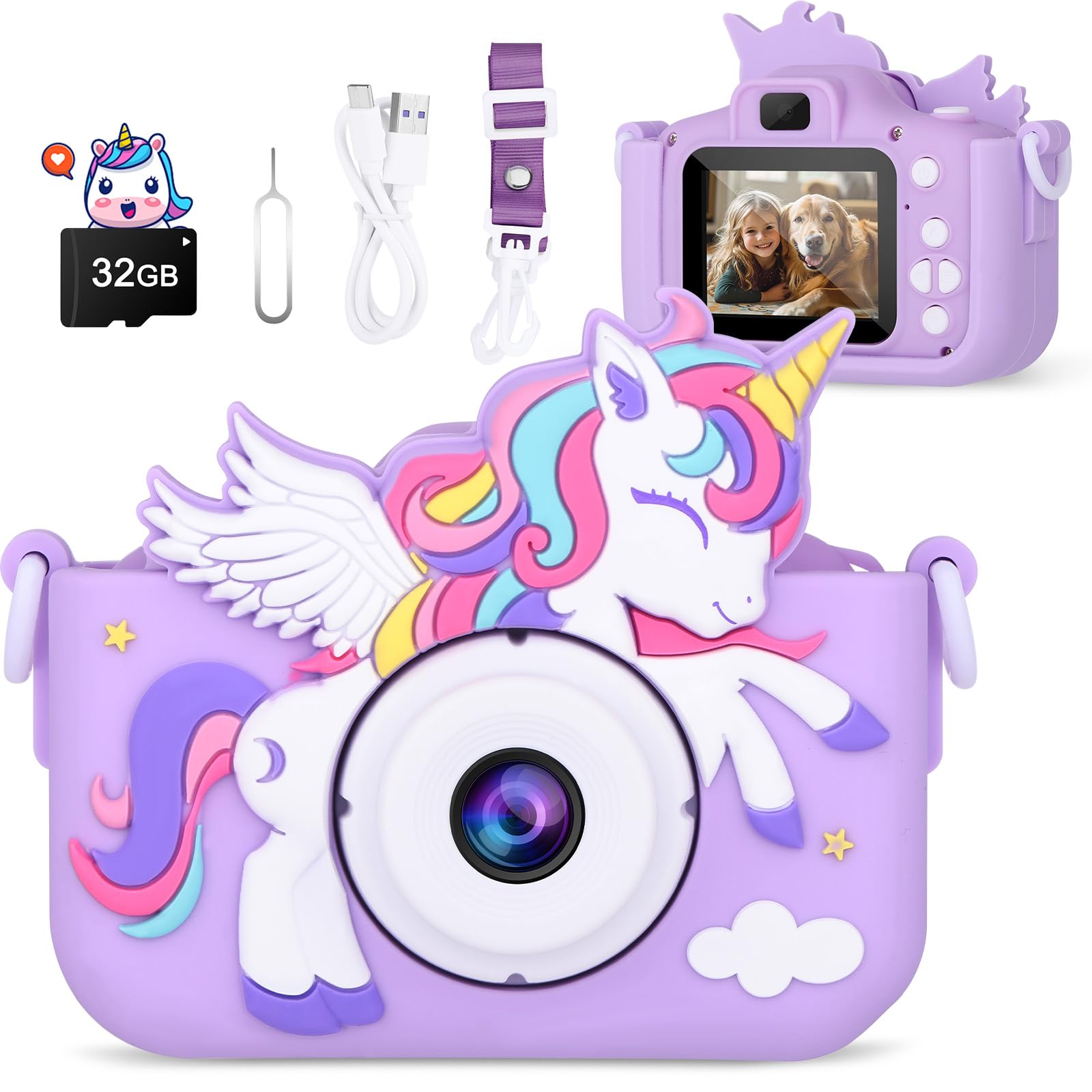Alotwan Kids Camera Unicorn front view in purple, friendly grip for young explorers.
