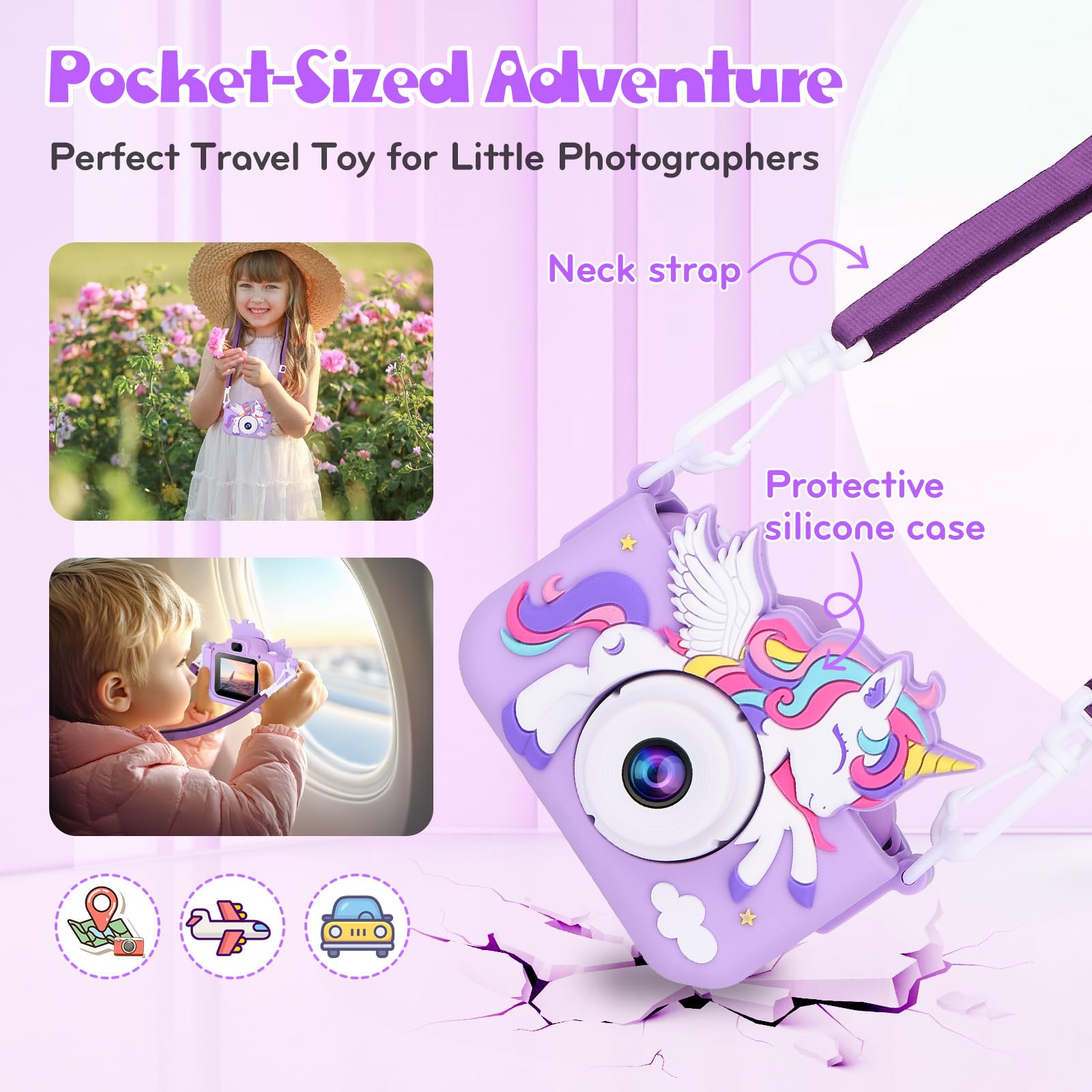 Alotwan Kids Camera Unicorn with lanyard, easy handheld use during travel.