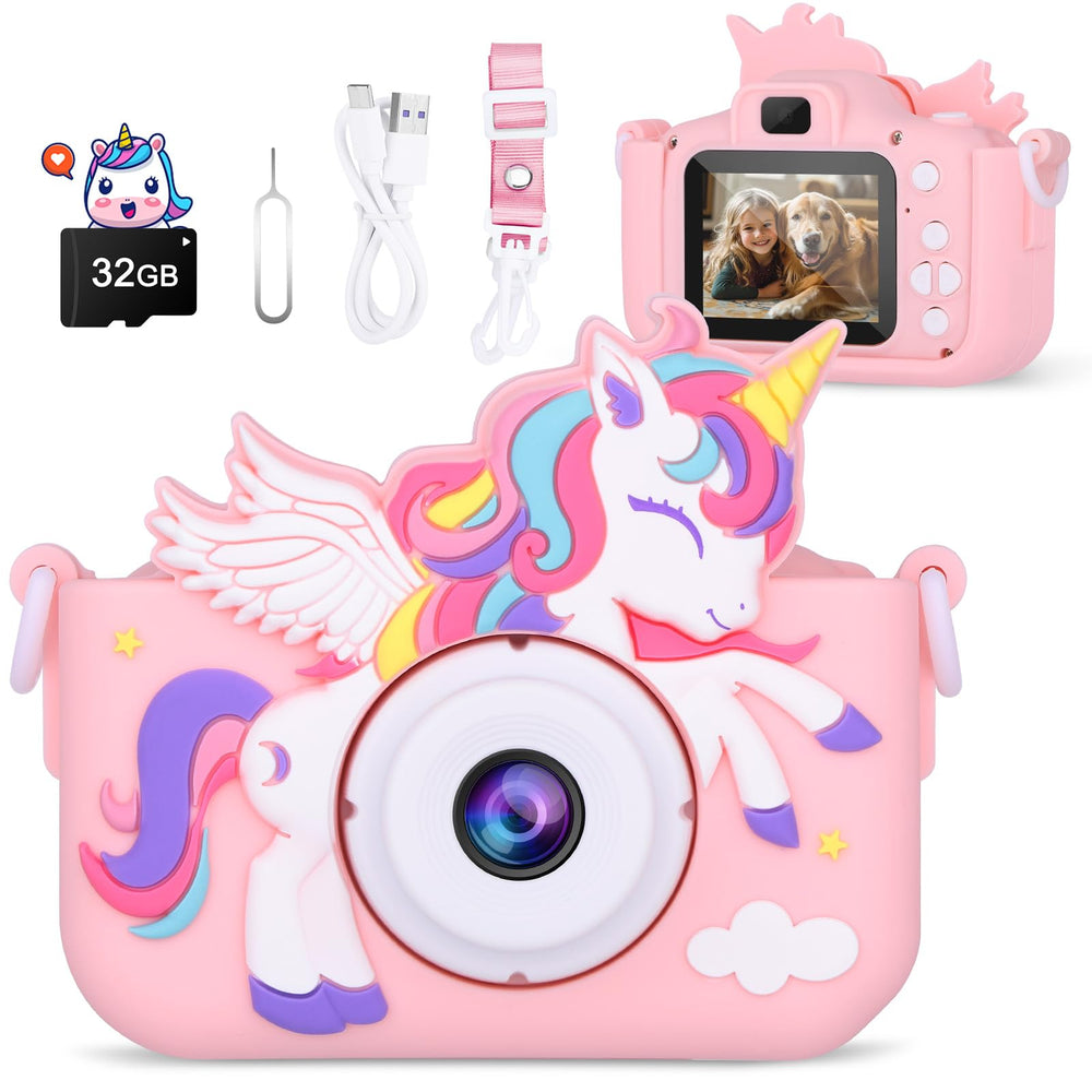 Alotwan unicorn kids camera pink front view showing kid friendly grip