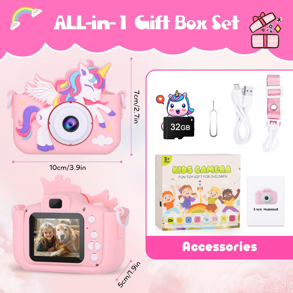 Alotwan unicorn kids camera pink in use during playtime outdoors