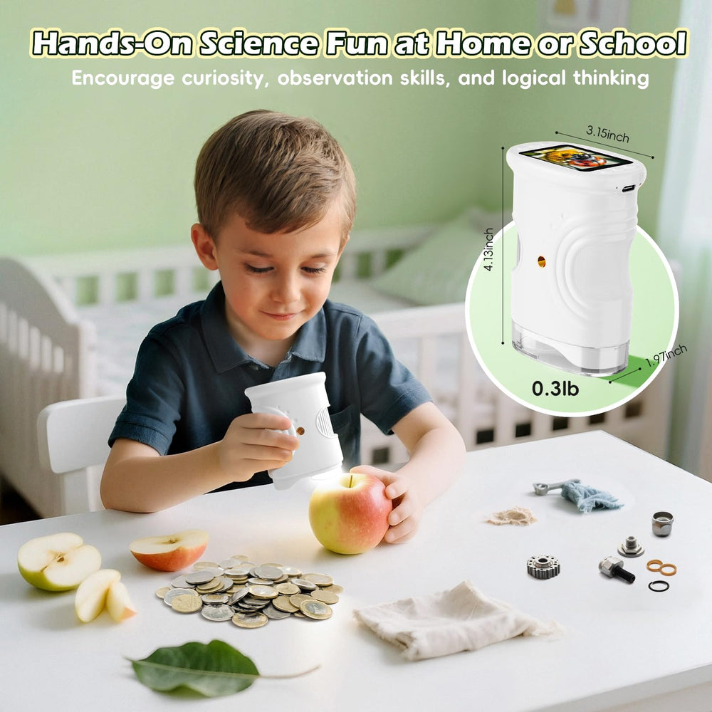 Alotwan Kids Microscope kit contents include neck strap and charging cable.