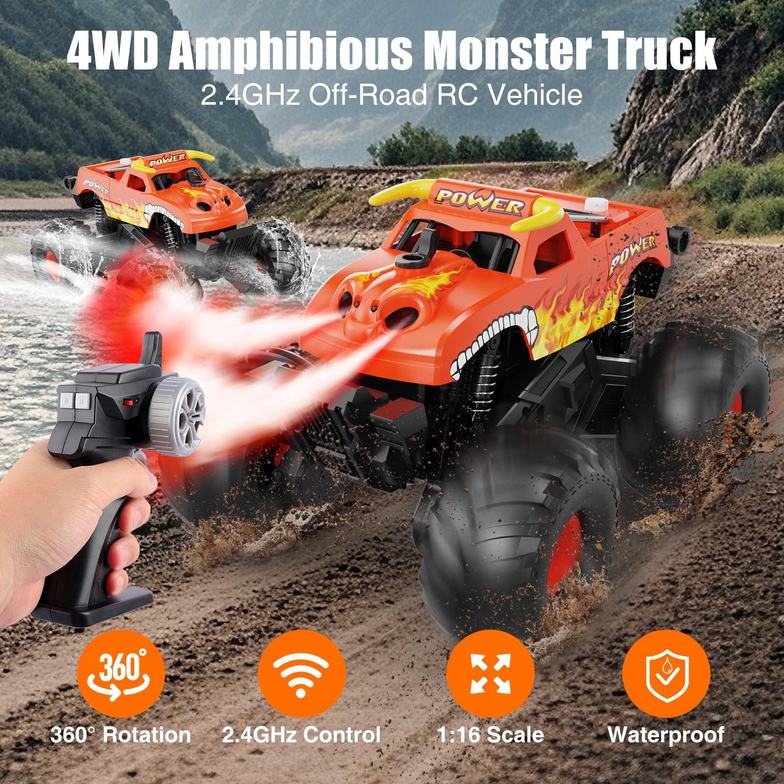 Alotwan Monster RC Truck side view highlights 4WD performance on diverse surfaces.