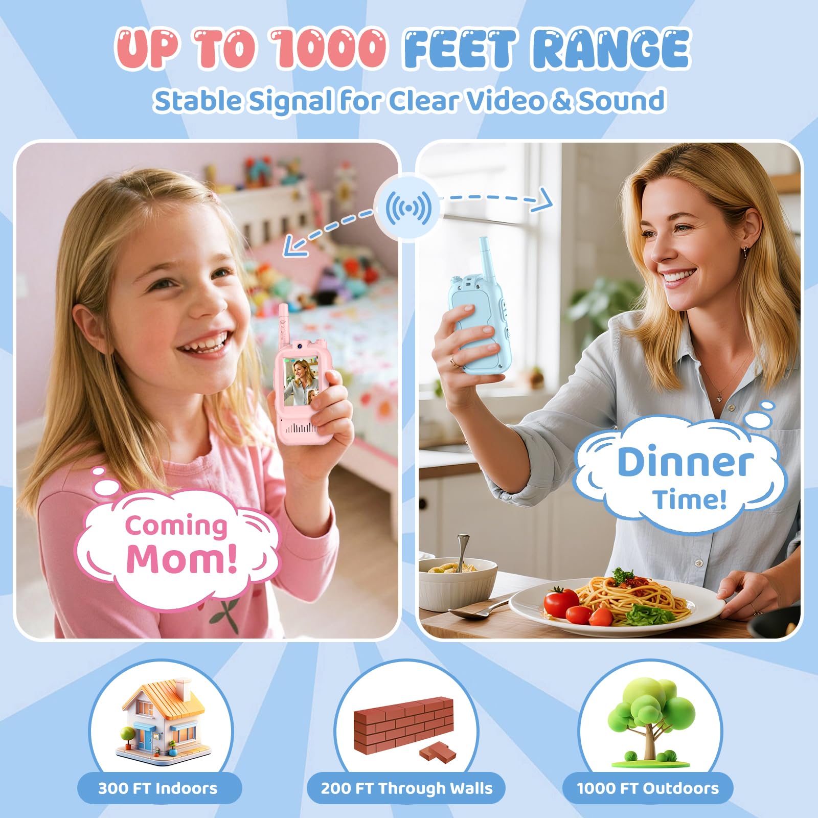 Alotwan video walkie talkie kids battery charging indicator for longer play.