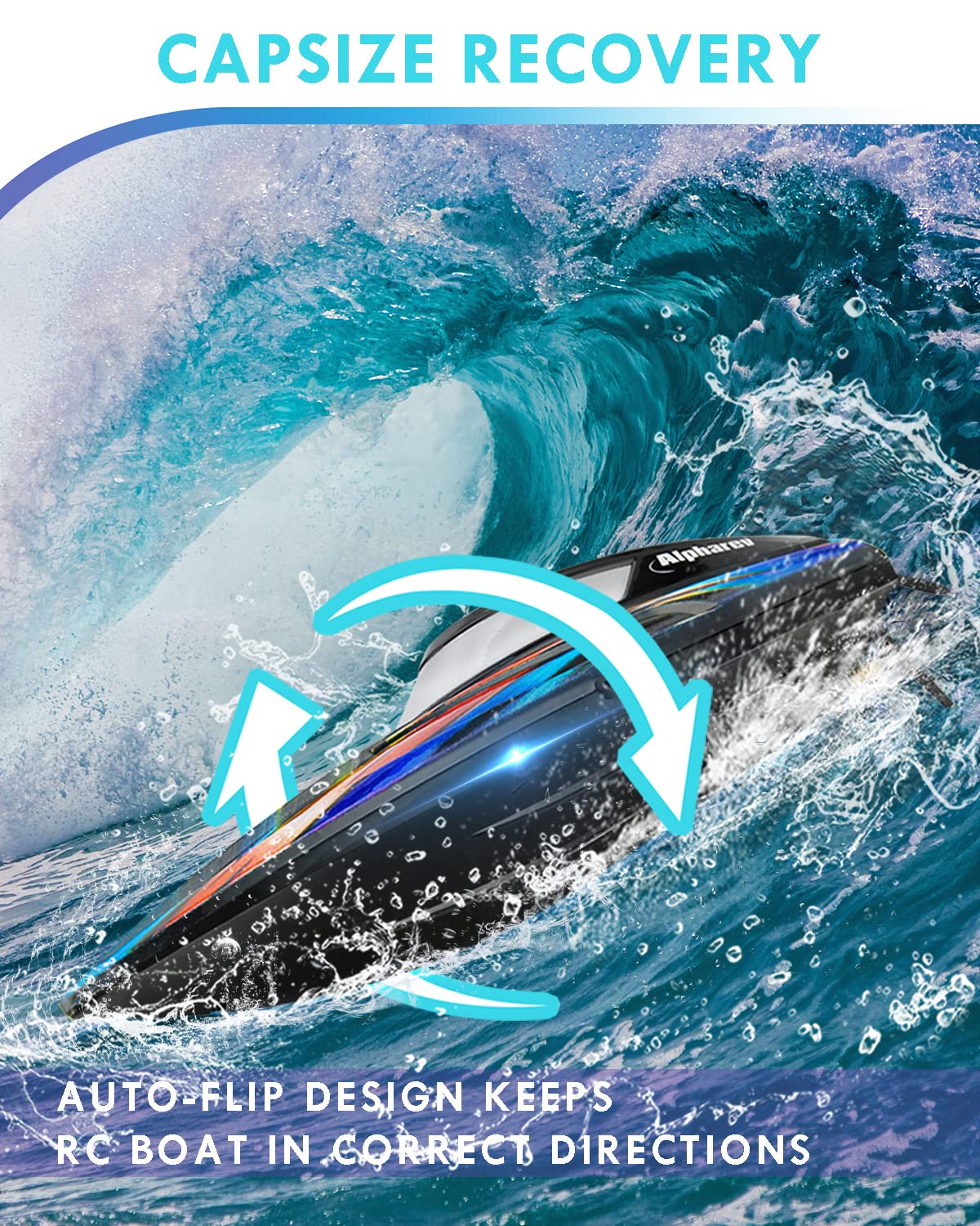 LED lights on ALPHAREV RC boat for nighttime visibility on water