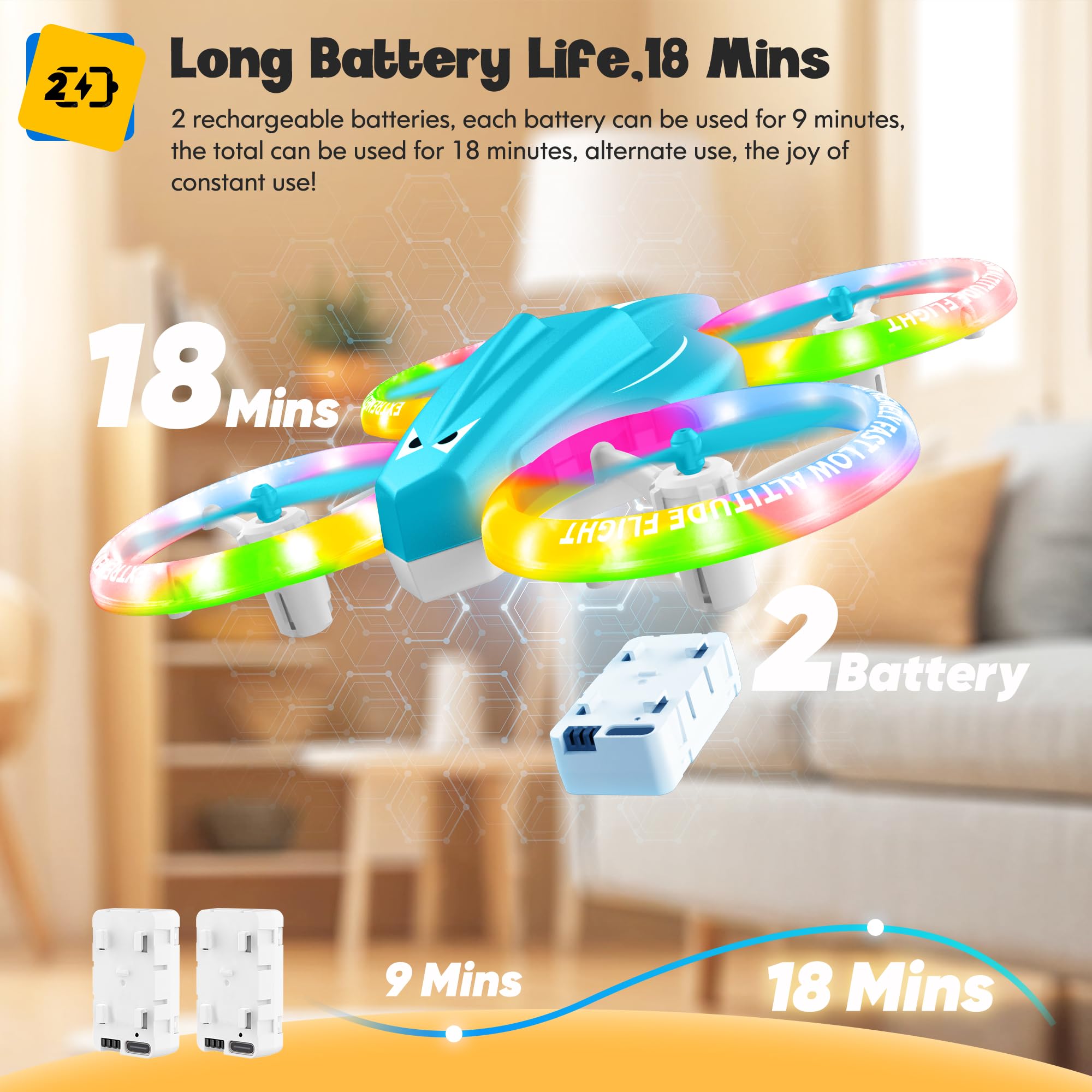 ALTITACO Kids Drone interchangeable batteries for longer play.