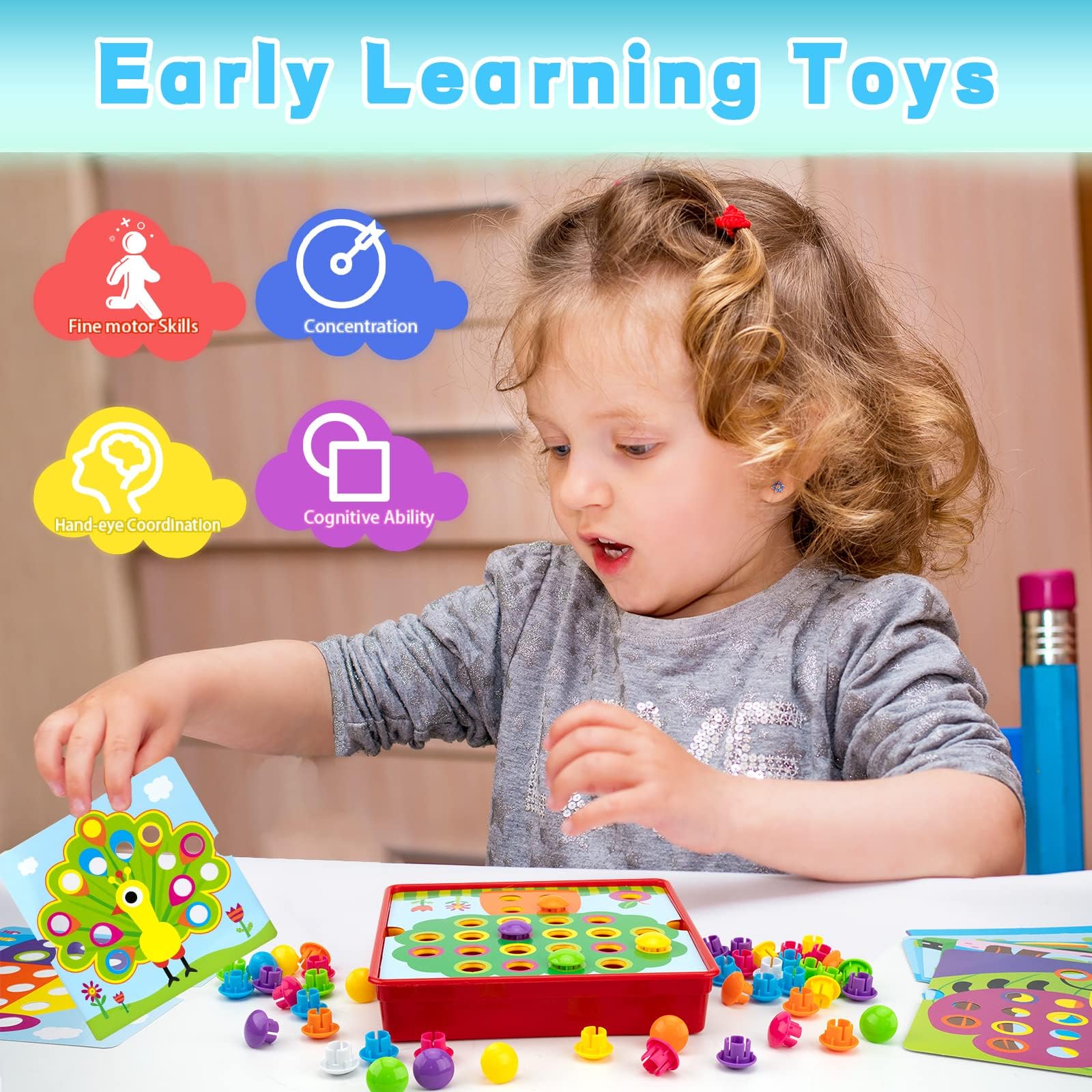 Close-up of mosaic pieces and easy-grip buttons for hand-eye coordination during play.