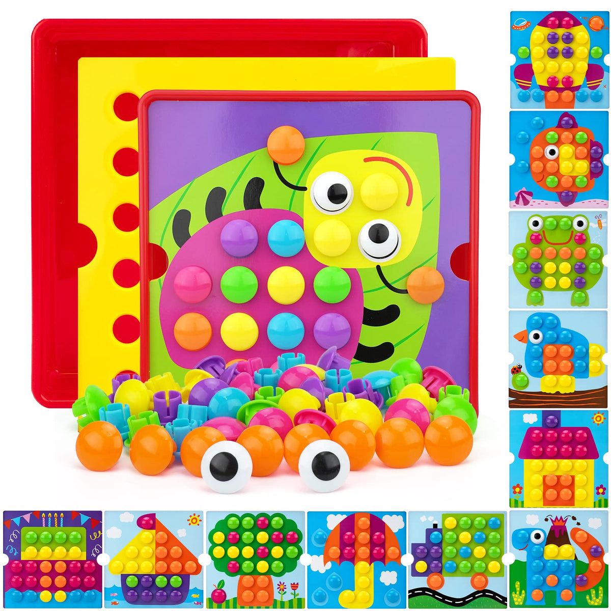 AluAbi Button Art Toys mosaic pattern cards for color matching and fine motor skill practice.