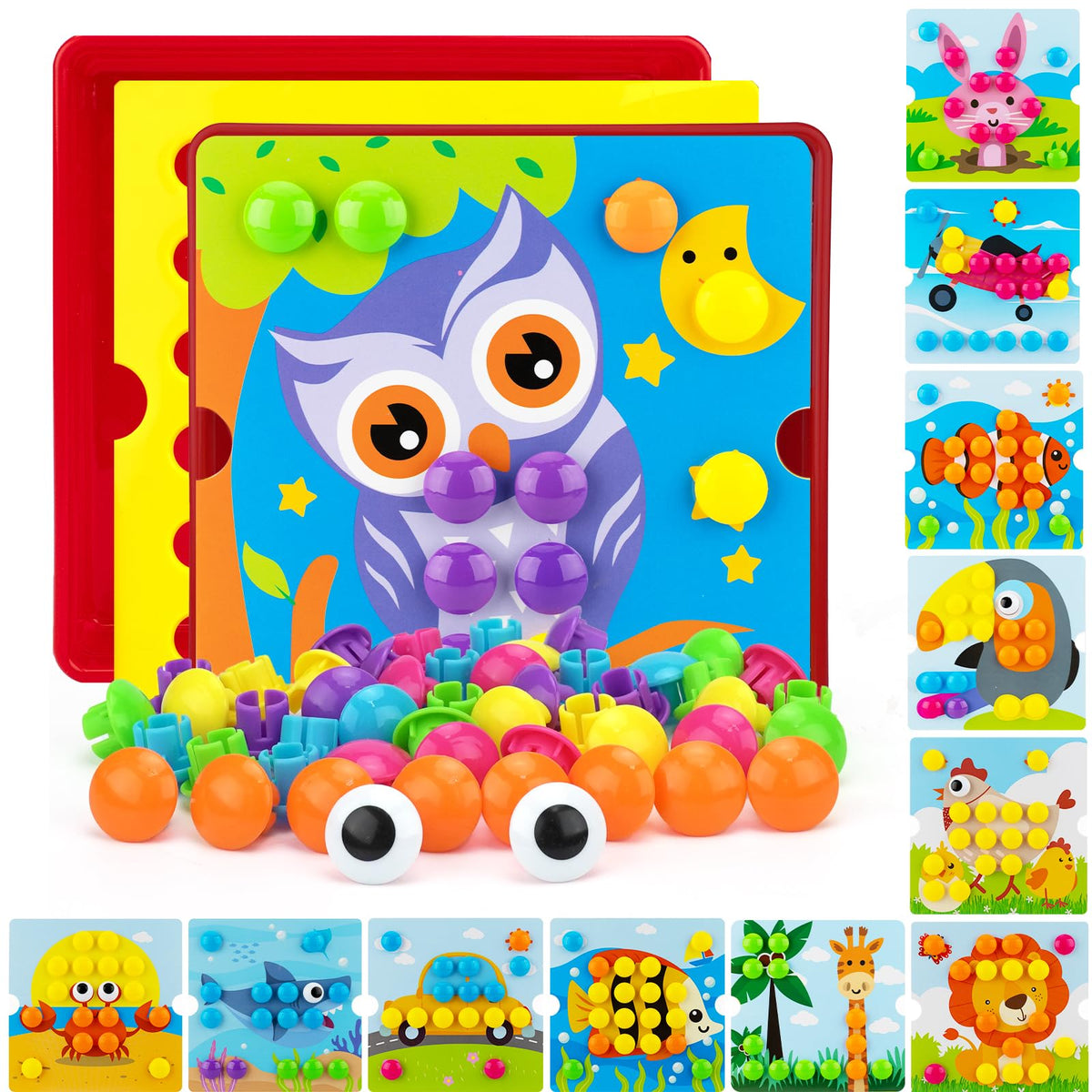 AluAbi Button Art Toys mosaic pegboard for color matching and fine motor development.