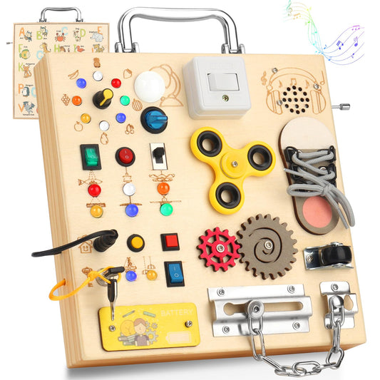 AMGAMGTS wooden busy board with LED light for engaging learning on the go.