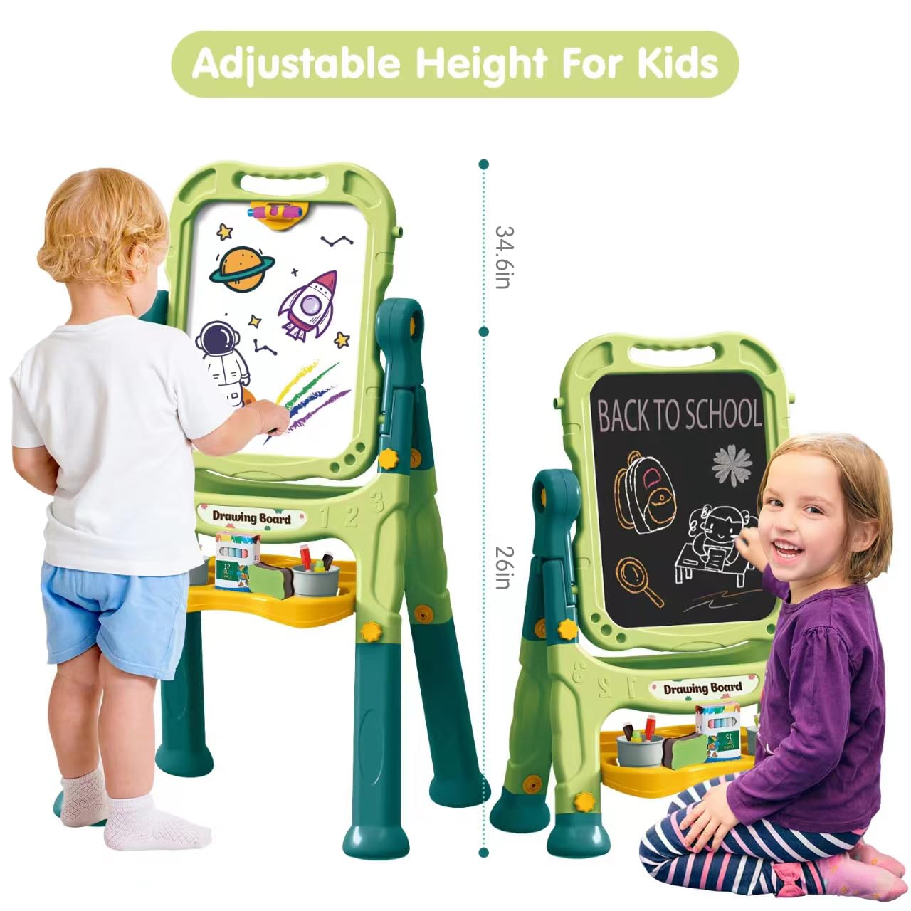 Amagoing easel shows 360-degree rotate and adjustable height for growing kids.