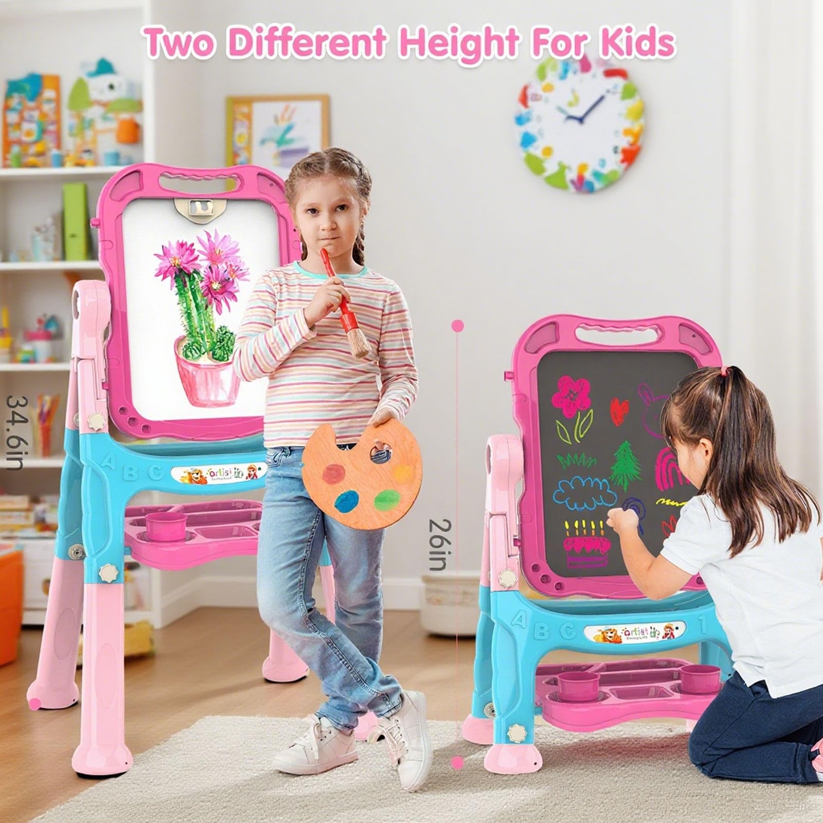 Amagoing easel adjusted to different heights for growing artists.