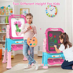 Amagoing easel adjusted to different heights for growing artists.