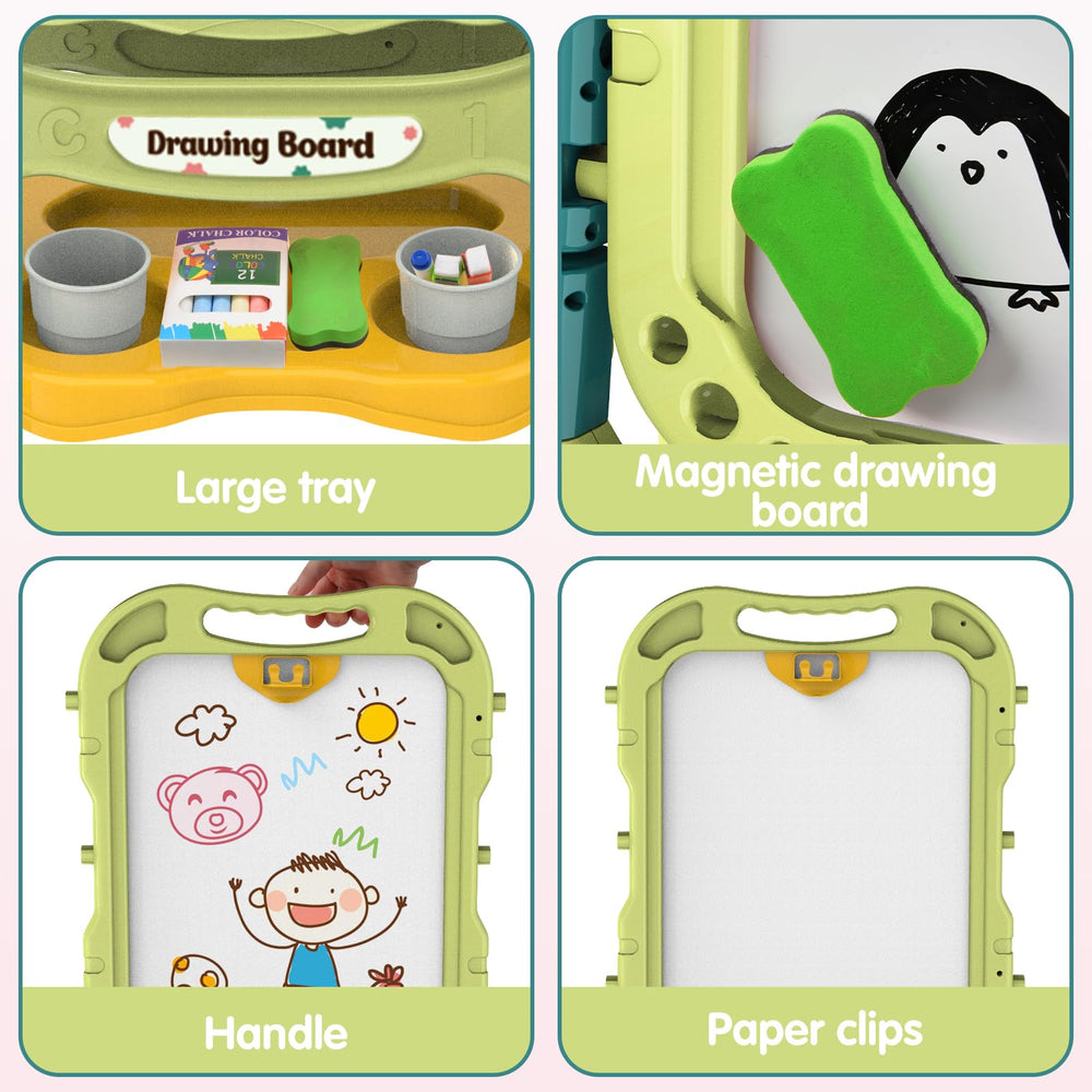 Amagoing easel double-sided magnetic board for chalk and dry erase learning.