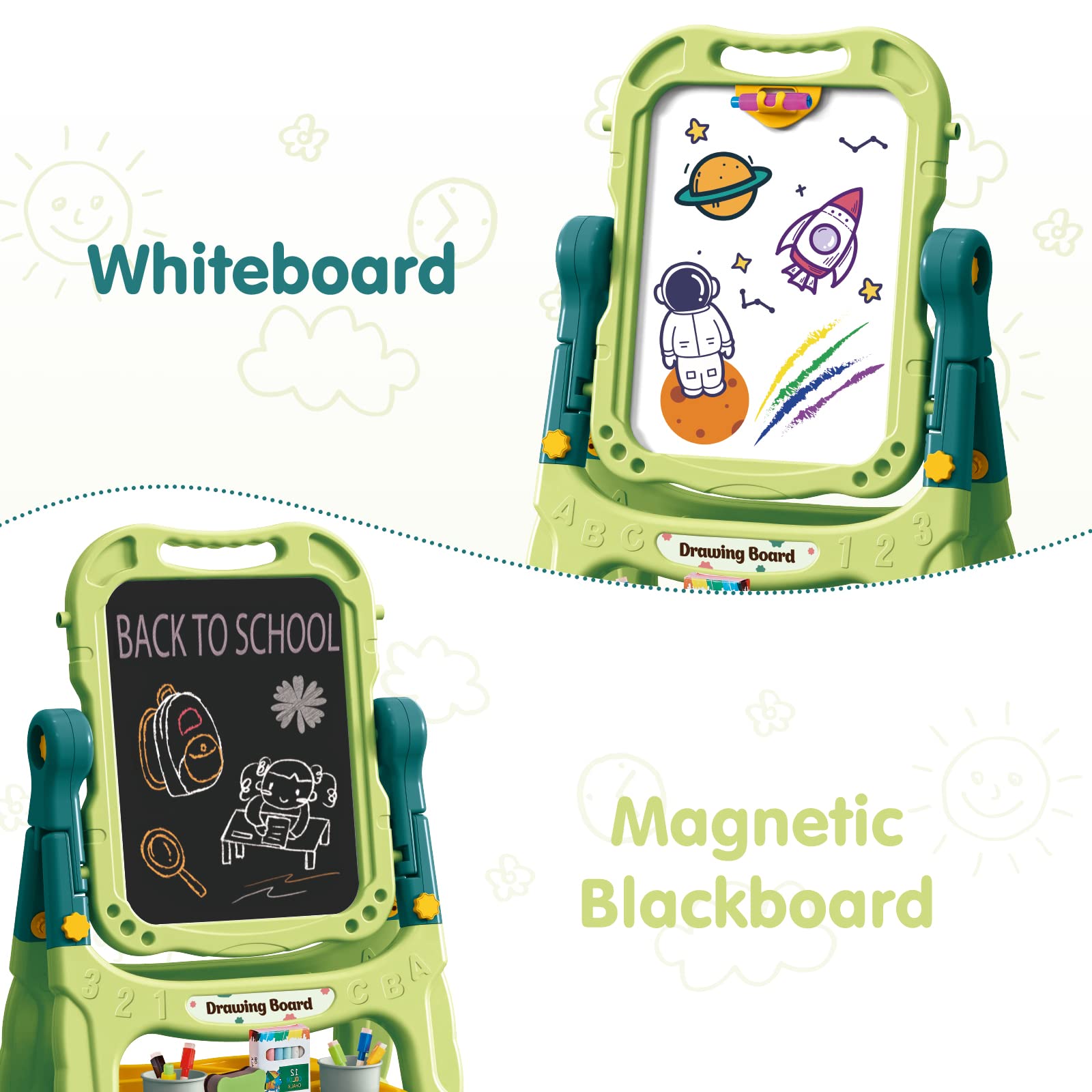 Amagoing easel folds flat for simple storage and transport.