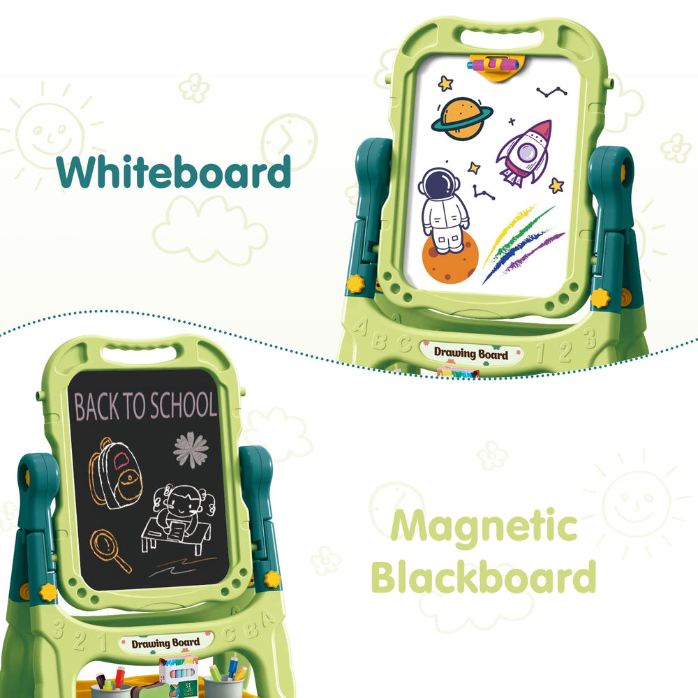 Amagoing easel folds flat for simple storage and transport.