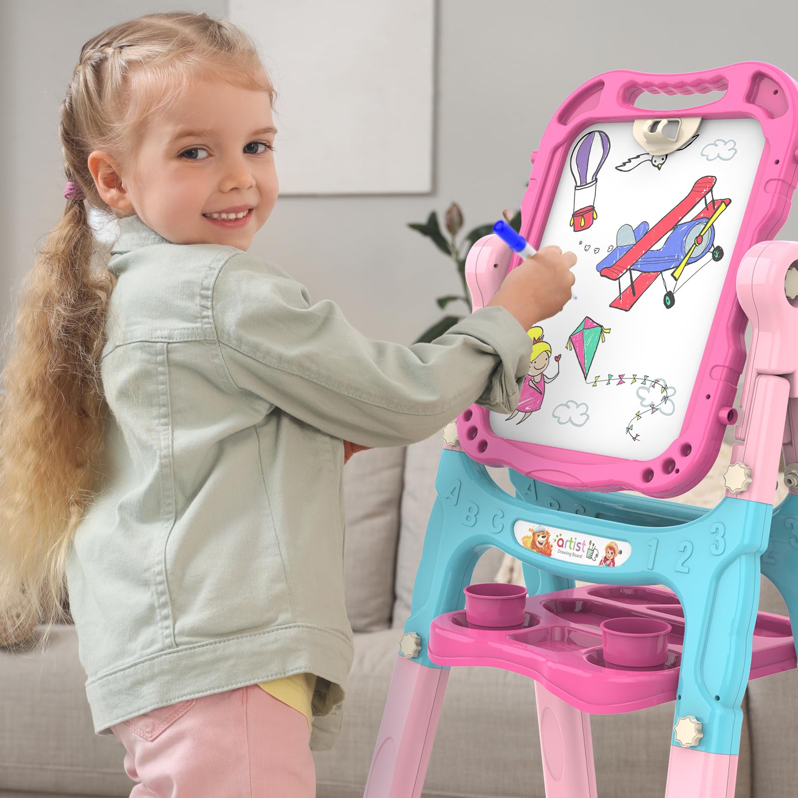 Amagoing easel magnetic dry erase features for quick cleanups.