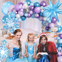 Amandir 12-inch balloons with snowflake confetti brighten the garland and backdrop
