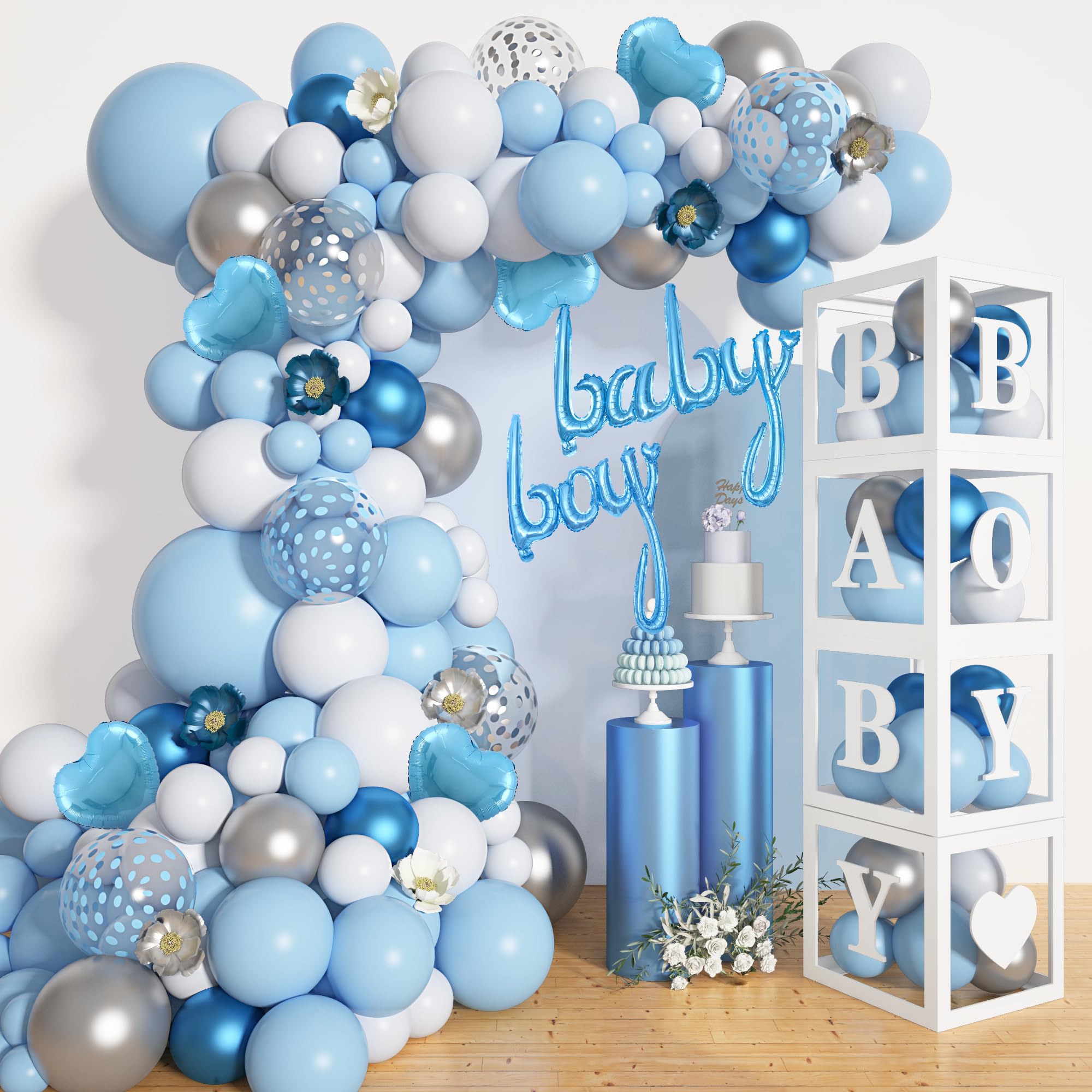 Amandir baby-blue balloons arch kit creates a striking gender reveal display for your baby shower