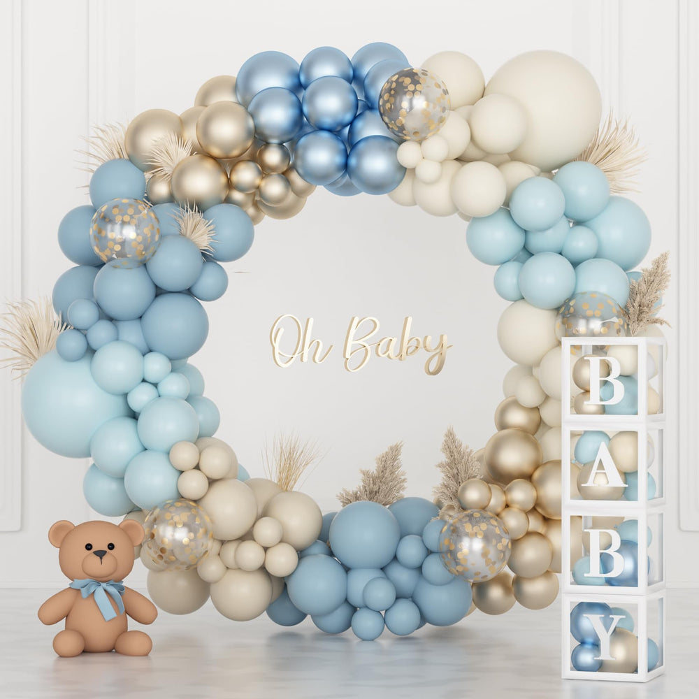 Amandir baby boxes and letter set arranged to spell 'Baby' for charming table decor.