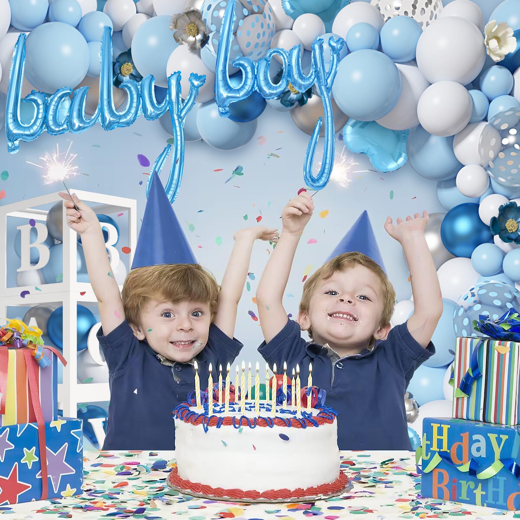 Amandir blue-silver confetti balloons enhance shimmering accents in the garland