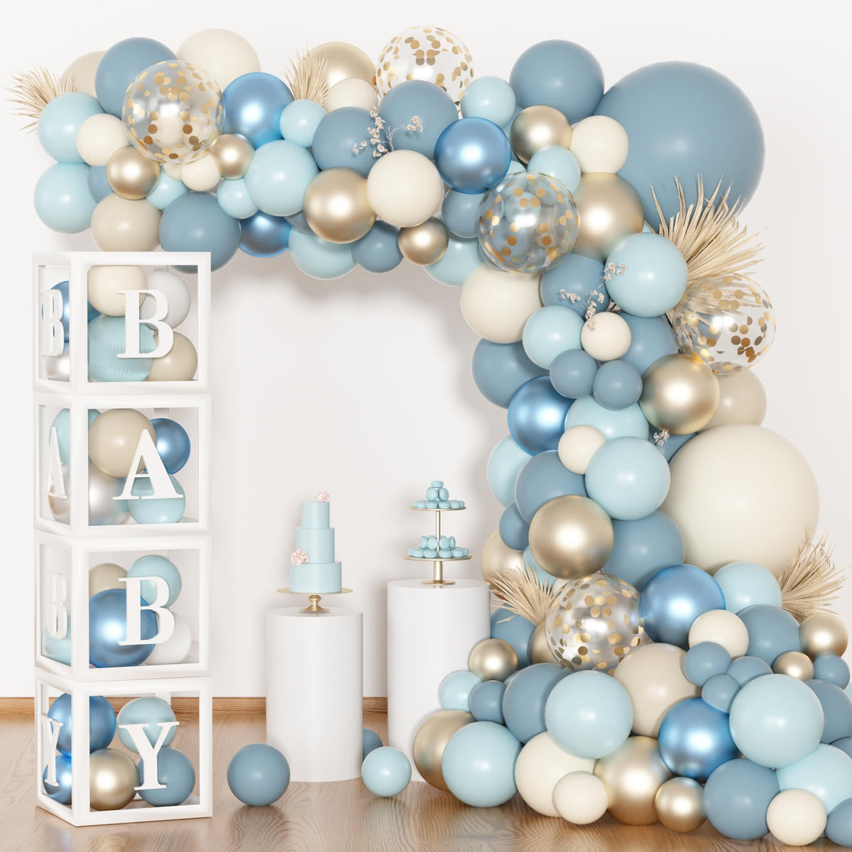 Amandir dusty blue balloon arch kit arranged for a stylish baby shower backdrop.