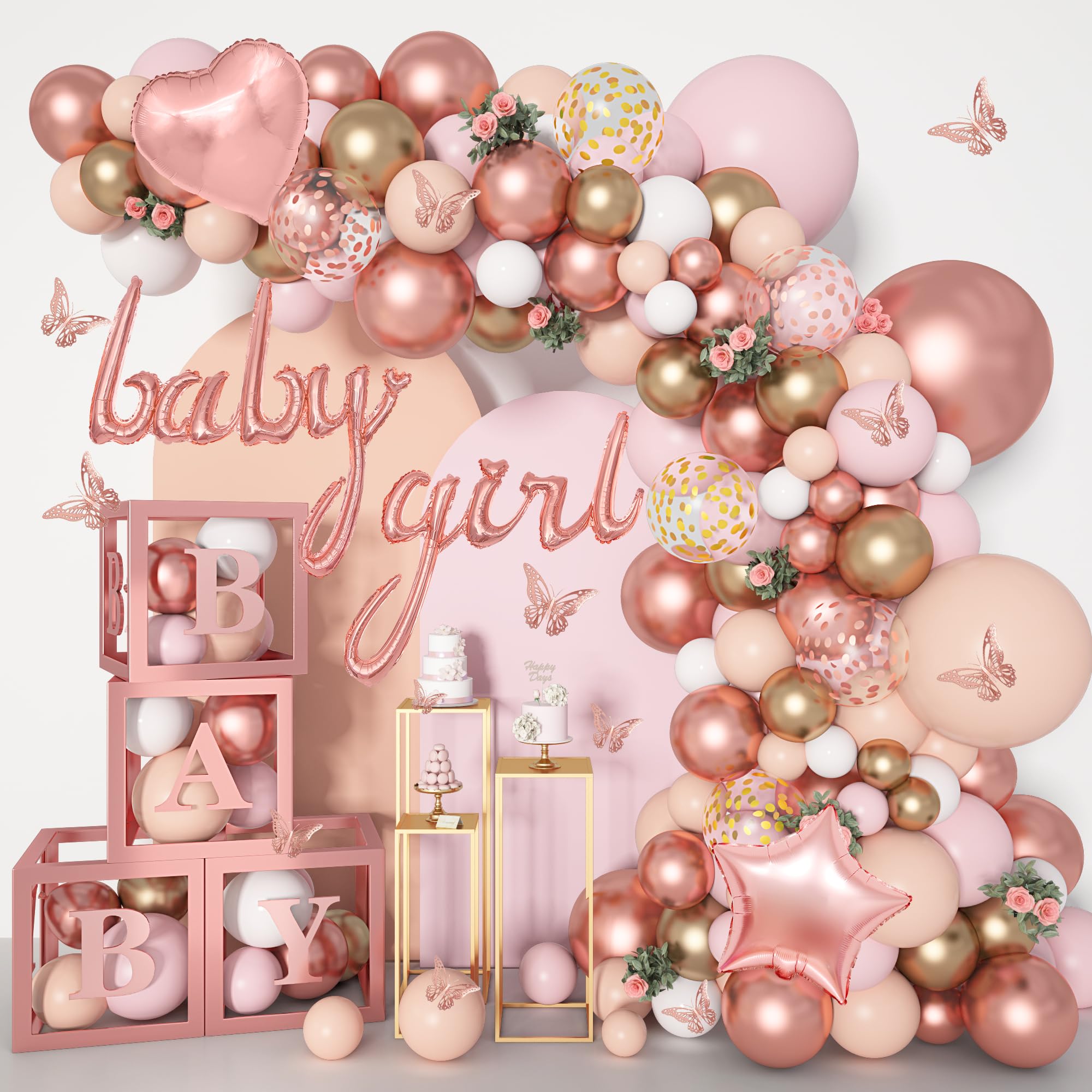Amandir arch balloon kit in rose gold for an elegant baby shower backdrop