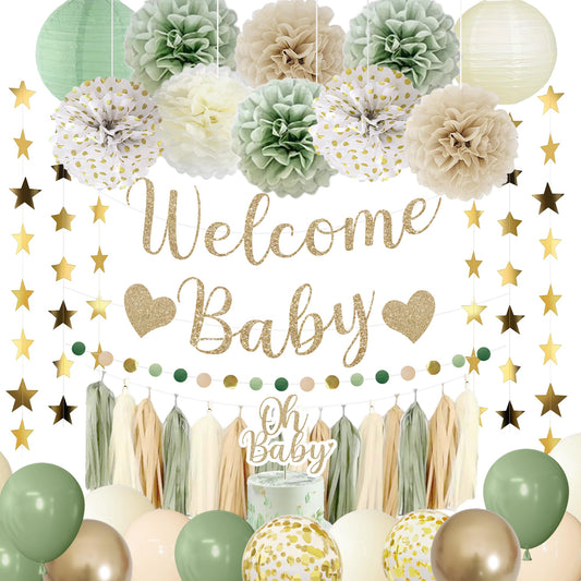 Amandir sage green baby shower welcome banner for neutral greetings