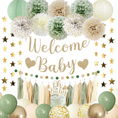 Amandir sage green baby shower welcome banner for neutral greetings
