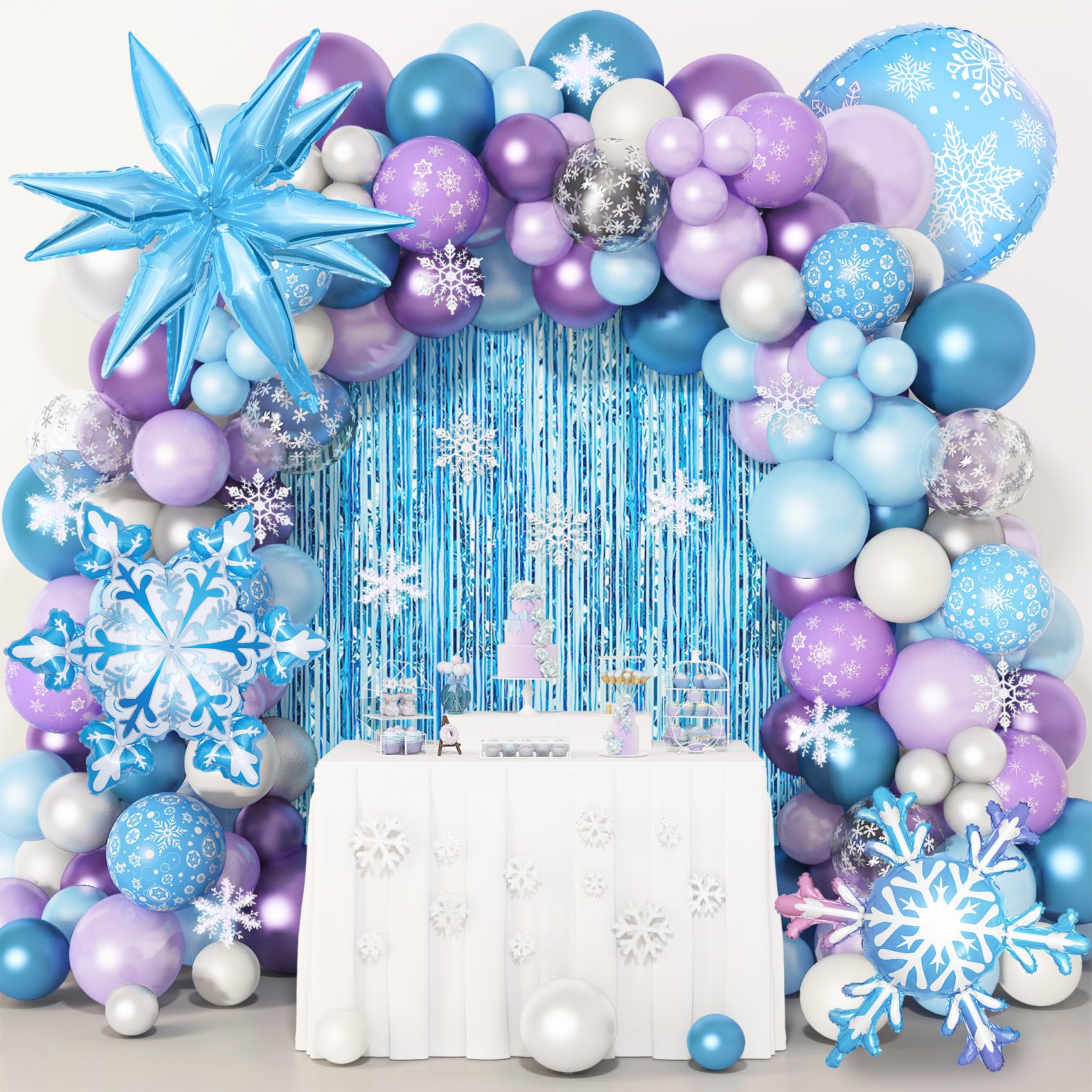 Amandir snow birthday arch kit creates a magical entrance with blue and purple balloons for photos