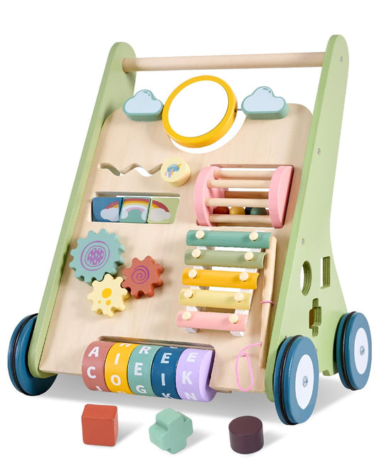 AmazingJoy 11-in-1 walker front view showing stable wide base for safe early steps