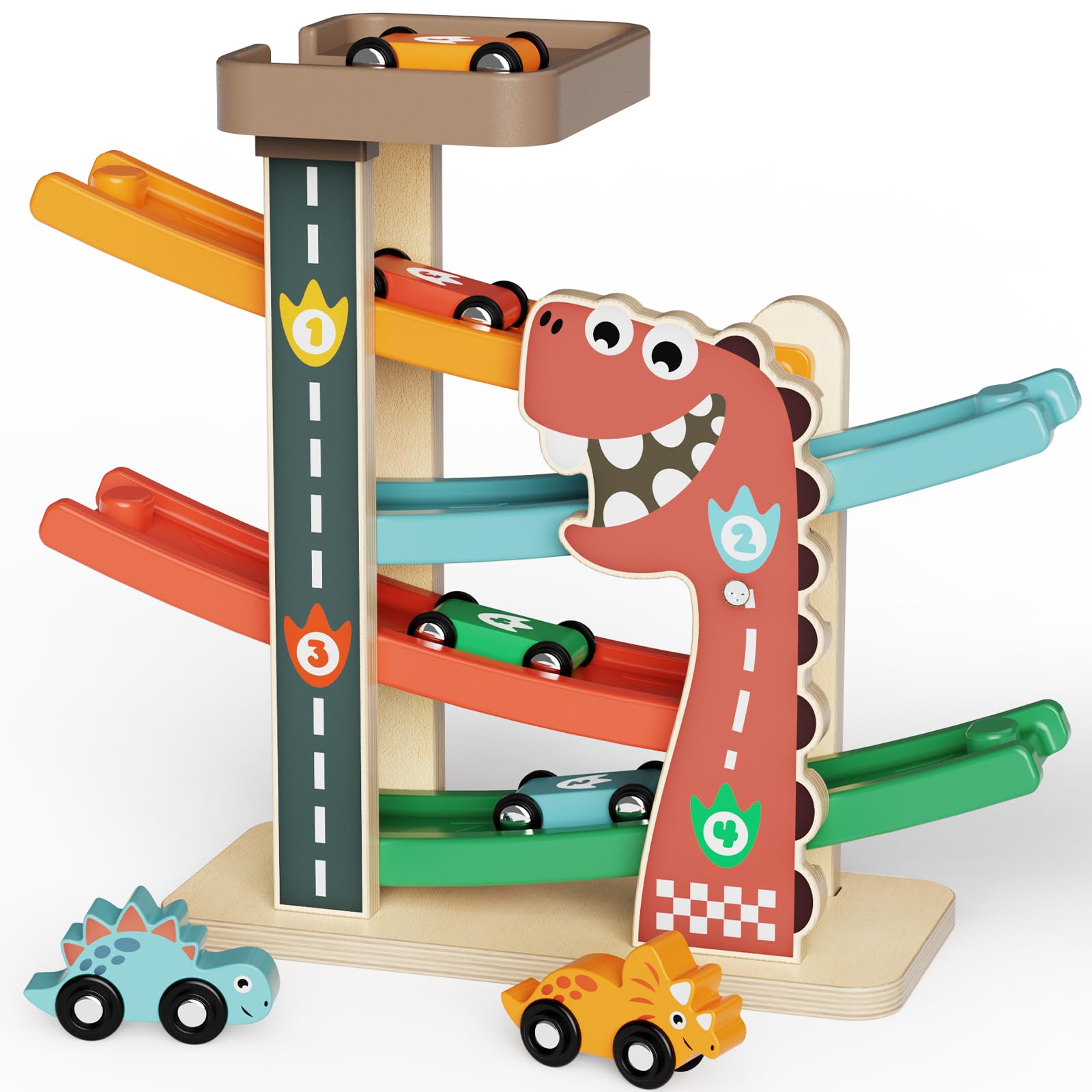 AmazingJoy Montessori car ramp wooden track for kids' active play and motor skills.