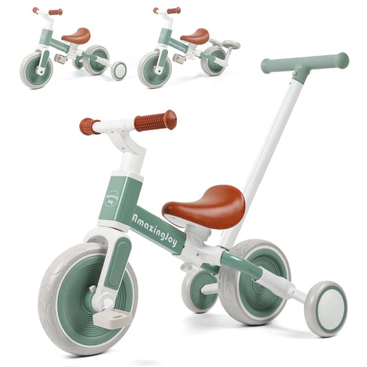 AmazingJoy 6-in-1 tricycle with adjustable push handle for growing children.