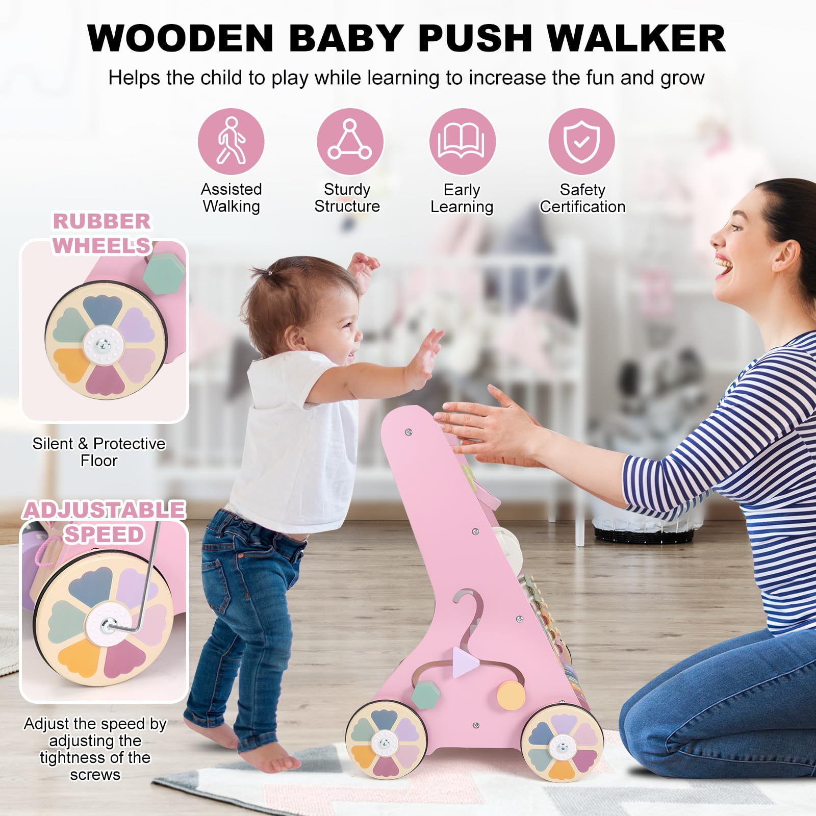 AmazingJoy walker activity center image highlighting xylophone, mirror, and sensory play.