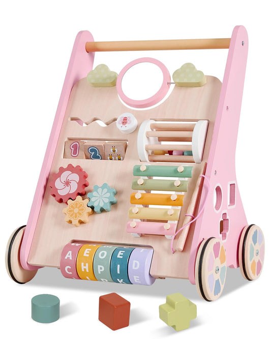 AmazingJoy wooden baby walker wheels closeup shows smooth edges for safe, quiet push play.