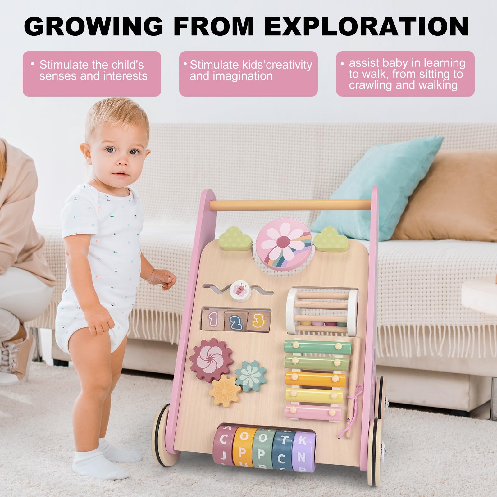 AmazingJoy montessori-inspired design closeup illustrates sit-to-stand support for toddlers.