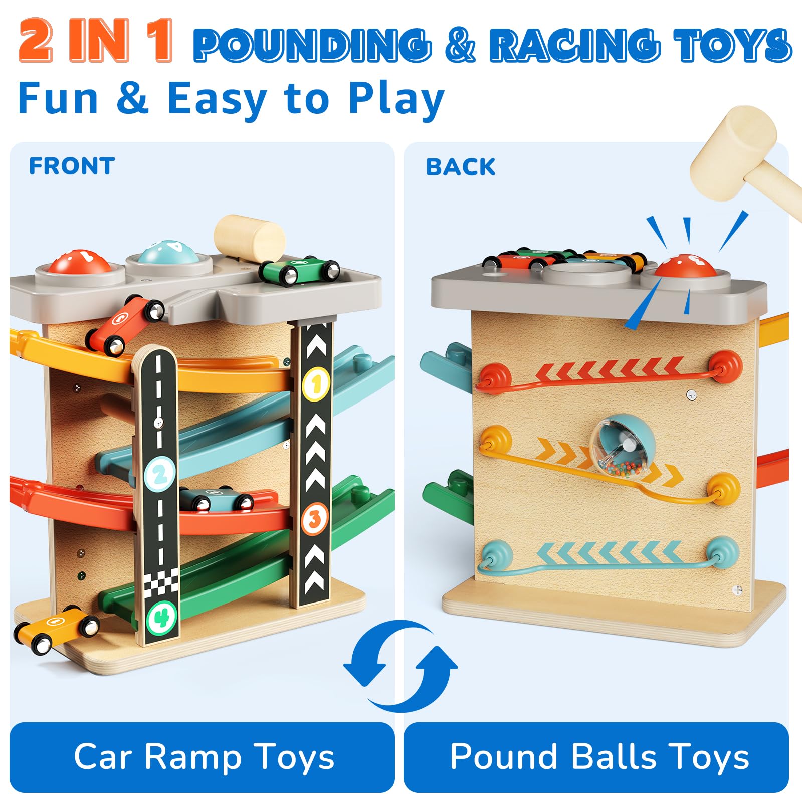 AmazingJoy wooden-car-ramp-track helps toddlers push cars along for tactile play.