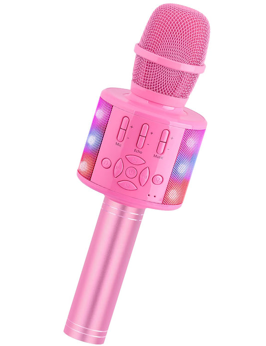 Amazmic karaoke microphone with pink LED lights for party vibes.
