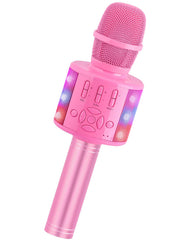 Amazmic karaoke microphone with pink LED lights for party vibes.