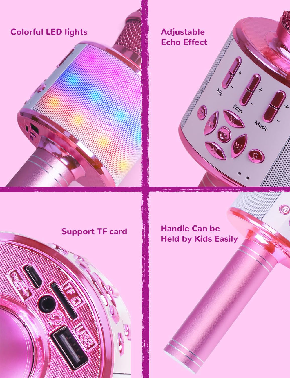Amazmic mic buttons close-up, easy mode switching for young performers.