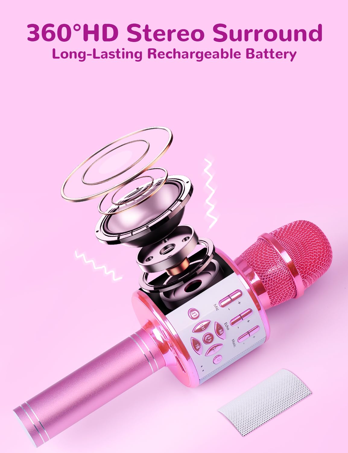 Amazmic microphone with colorful LED lights enhancing kid-friendly performances.