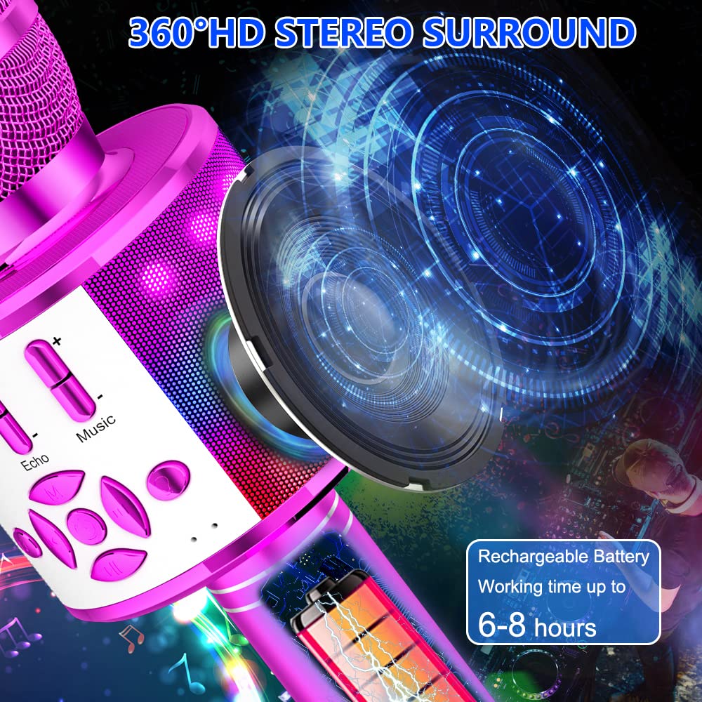 Amazmic Kids Karaoke Microphone Purple connects to phones and PCs via Bluetooth.