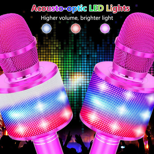 Amazmic Kids Karaoke Microphone Purple with LED lights dancing to music for vibrant parties.