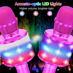 Amazmic Kids Karaoke Microphone Purple with LED lights dancing to music for vibrant parties.