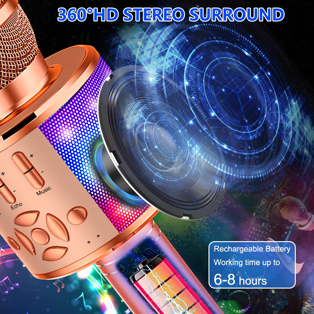Amazmic Kids Karaoke Microphone showing four voice change modes for fun effects