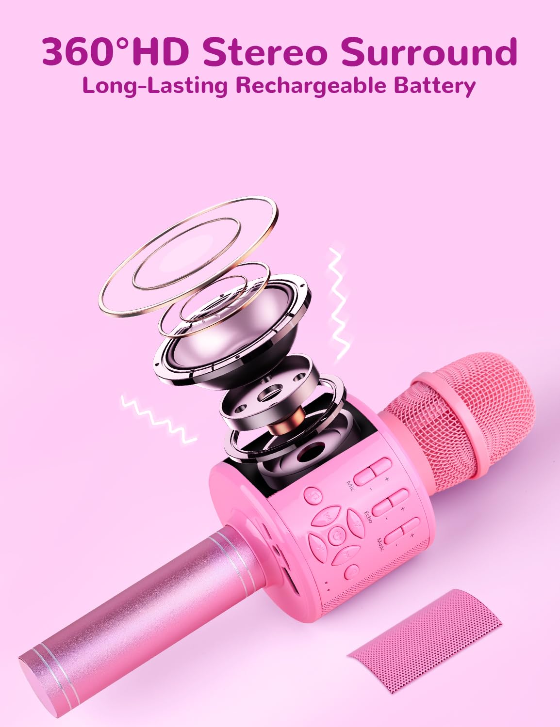 Amazmic kids' toy microphone with multicolor LEDs for fun.
