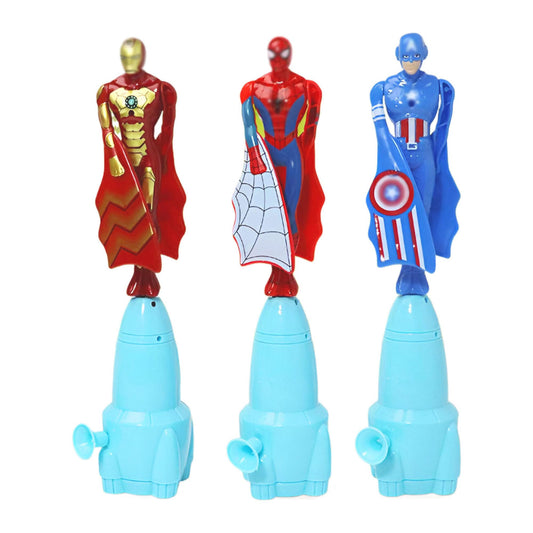 AMBXDE superhero launcher dolls trio in flight promoting active fun and teamwork.
