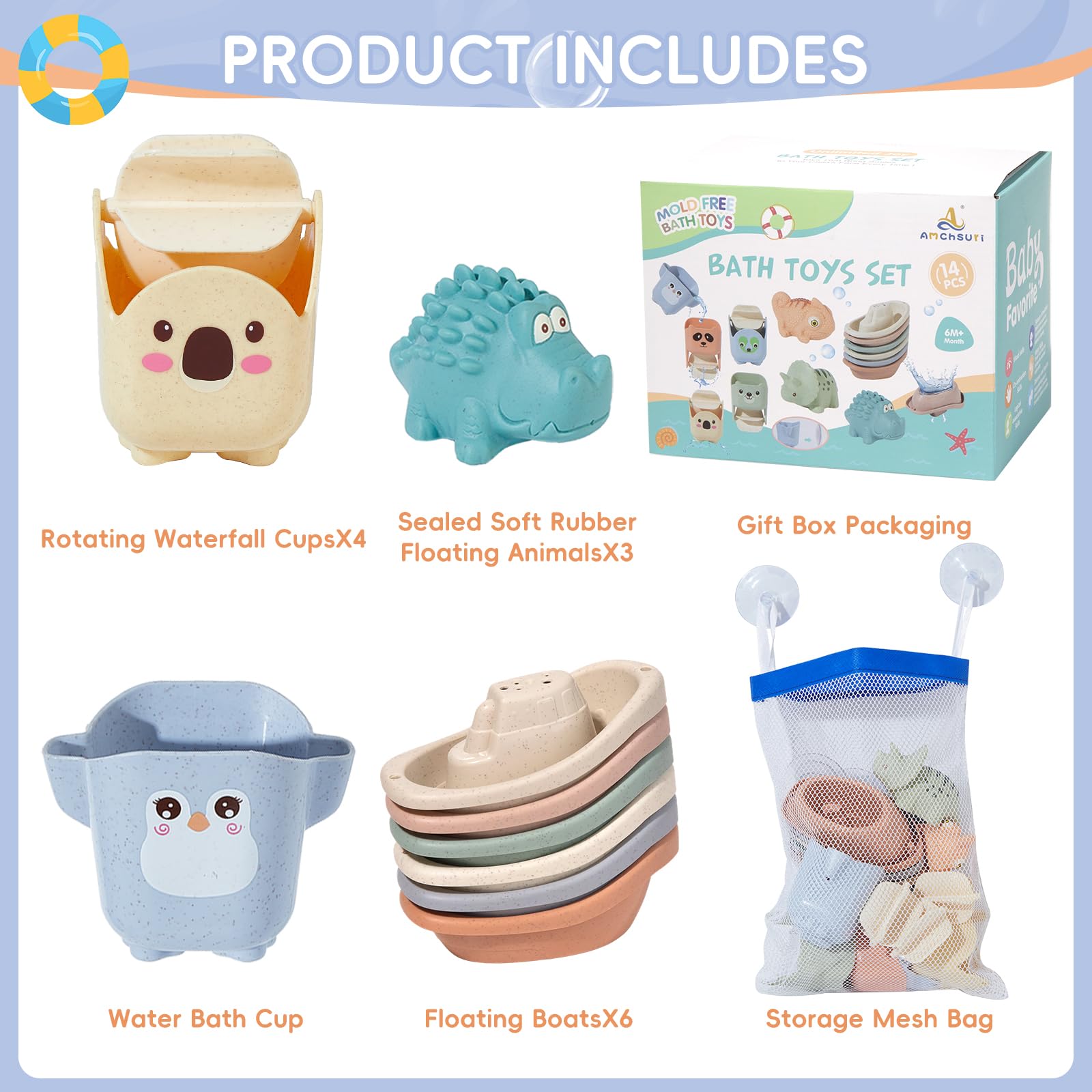 AMCHSURI toddler bath toys promote scooping pouring and stacking skills.