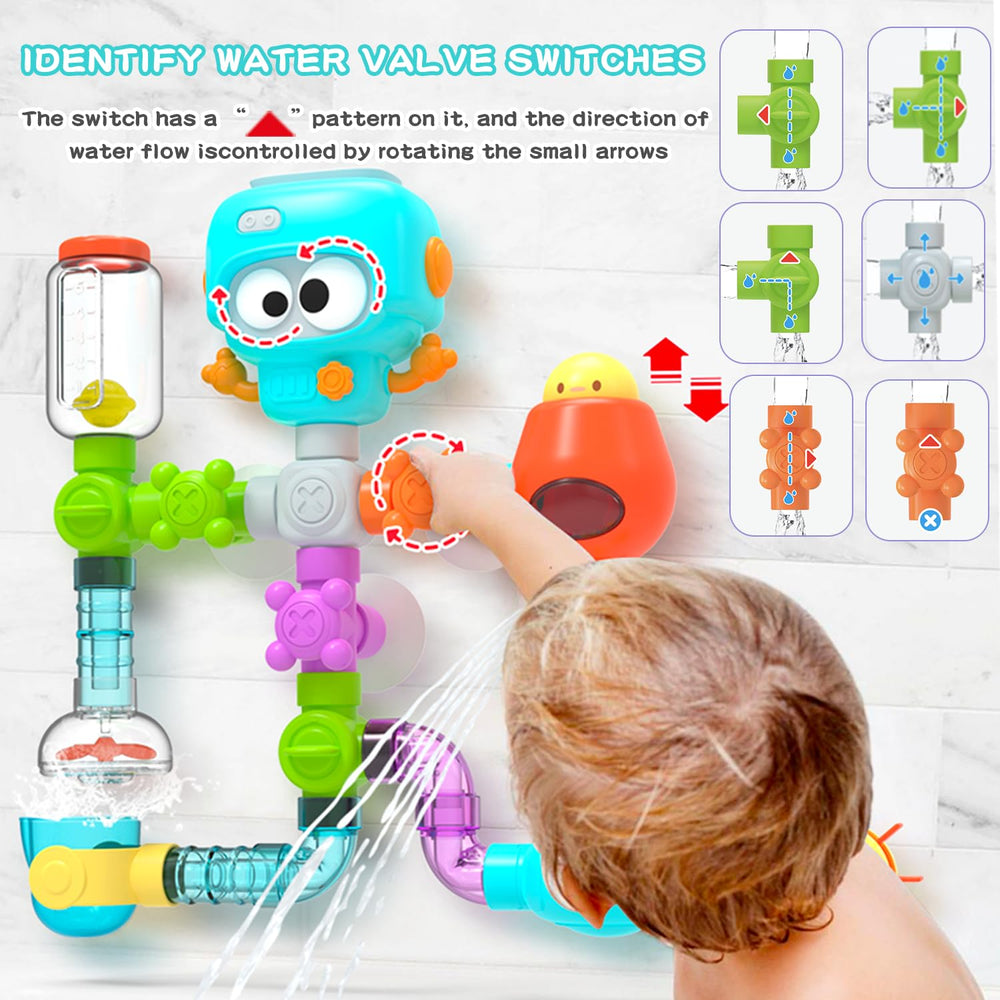 AMCHSURI pipe-and-valve set with cups shows imaginative play and water rhythm.